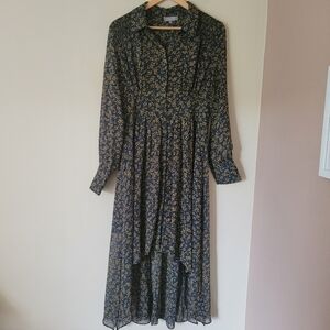 Folkster Chiffon Dark Floral Long Sleeve Hi-Low Midi Shirt Dress Bohemian Size M